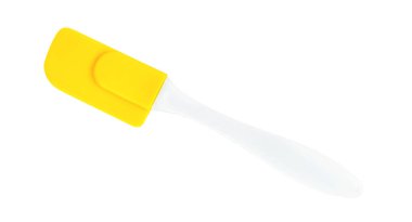 Beyaz arkaplanda izole edilmiş sarı kauçuk spatula, kırpma yolunu da içerir