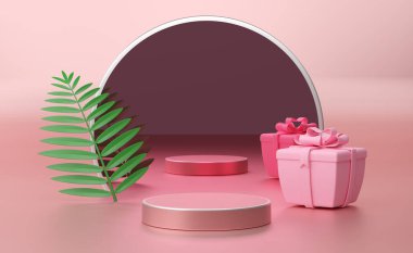 Modern sahne gösterimi ve minimalist modelleme için pembe pastel kompozisyonda geometrik şekiller içeren podyum boş, soyut gösteri arka planı, Konsept 3d illüstrasyon veya 3d canlandırma