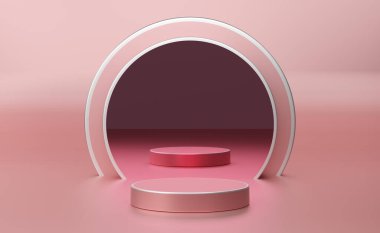 Modern sahne gösterimi ve minimalist modelleme için pembe pastel kompozisyonda geometrik şekiller içeren podyum boş, soyut gösteri arka planı, Konsept 3d illüstrasyon veya 3d canlandırma