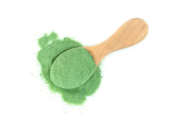 Japan Green Tea Flavor Powder Drink Wooden Spoon Isolated White — Stock Photo, Image