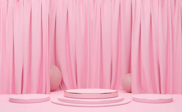 Podium Leeg Met Geometrische Vormen Gordijn Roze Pastel Compositie Voor — Stockfoto