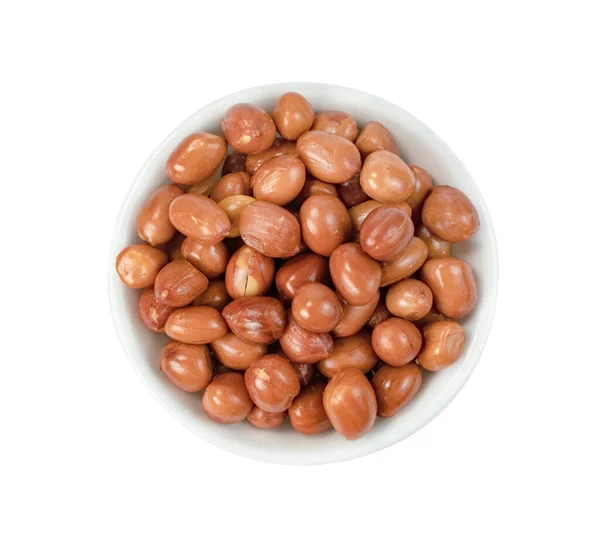 Uma Pilha Amendoins Fritos Com Tigela Isolada Fundo Branco Incluem — Fotografia de Stock