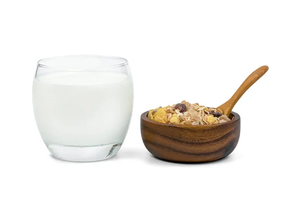 Milk Transparent Glass Muesli Multi Fruit Wooden Bowl Spoon Isolated — Stock Photo, Image