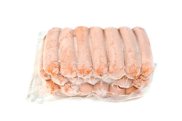 Nahaufnahme Gefrorene Wurst Plastiktüte Mit Eiskristallen Isoliert Auf Weißem Hintergrund — Stockfoto