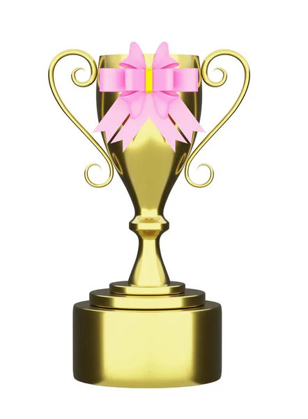 金色冠军奖杯或带粉色带子的奖杯 背景为白色 概念3D插图或3D渲染 — 图库照片