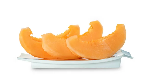 Orange Kantaloupe Melon Frukt Skivad Skålen Isolerad Vit Bakgrund Inkluderar — Stockfoto