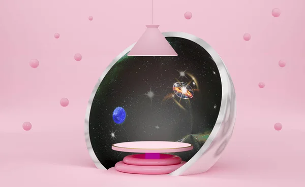 Modern sahne gösterimi ve minimalist modelleme için pembe pastel kompozisyonda geometrik şekiller içeren podyum boş, soyut gösteri arka planı, Konsept 3d illüstrasyon veya 3d canlandırma