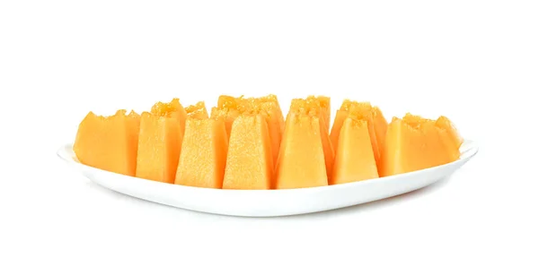 Melón Naranja Fruta Cortada Rodajas Plato Aislado Sobre Fondo Blanco —  Fotos de Stock