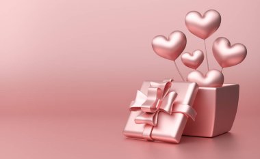 Geometrik şekilli podyum ve modern sahne gösterisi ve minimalist modelleme için pembe pastel kompozisyon hediye kutusu, doğum günü balonları ve parti ya da kutlamalar, 3D çizim ya da 3D resim