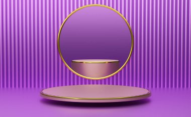 Modern sahne görüntüsü ve minimalist modelleme için mor veya menekşe biçimli geometrik şekillere sahip podyum, soyut gösteri arka planı, 3d illüstrasyon veya 3d canlandırma