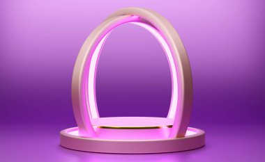 Modern sahne görüntüsü ve minimalist modelleme için mor veya menekşe şekilli geometrik şekilli podyum boş, soyut gösteri arka planı, Konsept 3d illüstrasyon veya 3d canlandırma