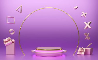 Modern sahne ve minimalist modelleme için mor veya menekşe biçimli geometrik şekilli podyum boş, soyut gösteri arkaplanı, Kavram Maliyeti hesaplaması, 3d resimleme veya 3d canlandırma