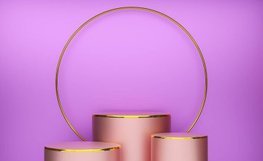 Modern sahne görüntüsü ve minimalist modelleme için mor veya menekşe şekilli geometrik şekilli podyum boş, soyut gösteri arka planı, Konsept 3d illüstrasyon veya 3d canlandırma