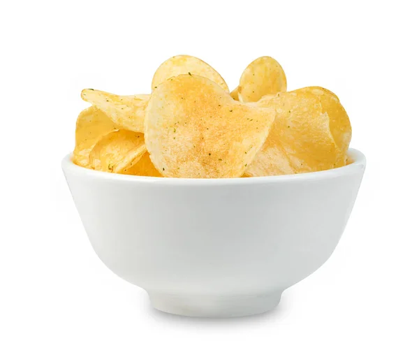 Potatischips Skål Isolerad Vit Bakgrund Inkluderar Klippning Väg — Stockfoto