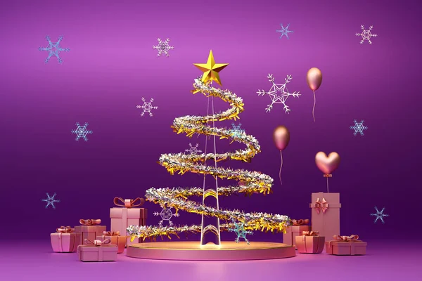 Christmas Tree Gift Box Ornaments Purple Violet Composition Modern Stage — Stock Photo, Image