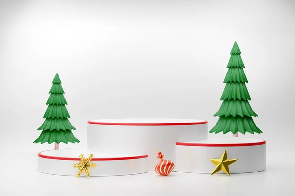 Podium Empty Christmas Tree Gift Box Ornaments White Composition Modern — Stock Photo, Image