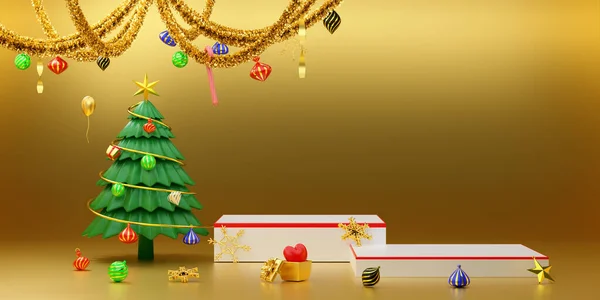 Podium Empty Christmas Tree Tinsel Ornaments Gold Composition Modern Stage — Stock Photo, Image