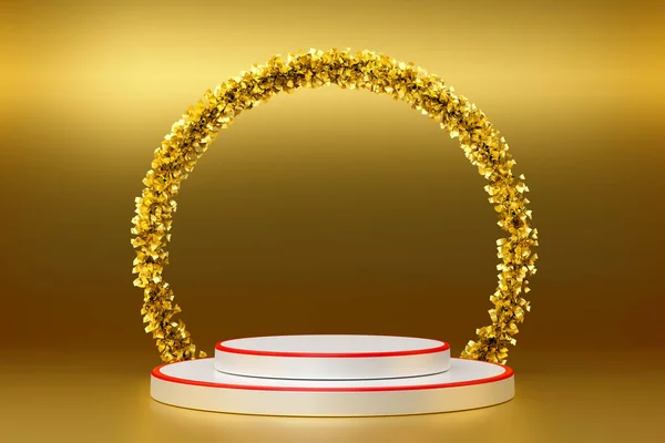 Podium Puste Złotym Świecidełkiem Złotej Kompozycji Nowoczesną Wystawę Sceniczną Minimalistyczną — Zdjęcie stockowe