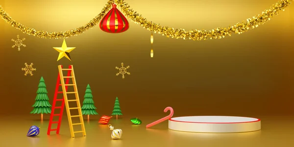 Podium Empty Christmas Tree Ladder Ornaments Gold Composition Modern Stage — Stock Photo, Image