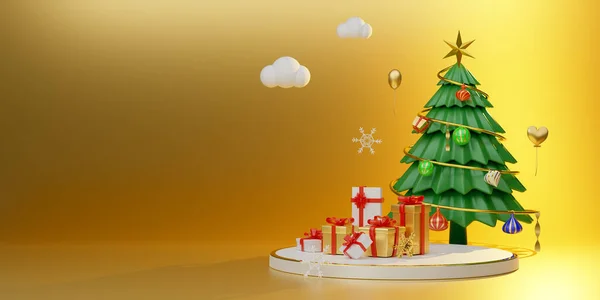 Podio Albero Natale Con Confezione Regalo Ornamenti Composizione Gold Moderno — Foto Stock