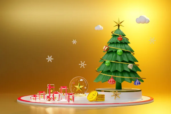 Palla Neve Albero Natale Con Fiocchi Neve Ornamenti Composizione Gold — Foto Stock