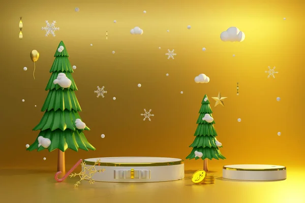 Podium Empty Christmas Tree Gold Composition Modern Stage Display Minimalist — Stock Photo, Image