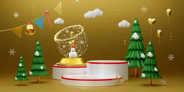 Podium Empty Christmas Tree Snow Globe Gold Composition Modern Stage — Stock Photo, Image