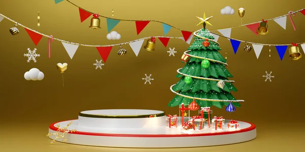 Podium Empty Christmas Tree Gift Box Ornaments Gold Composition Modern — Stock Photo, Image