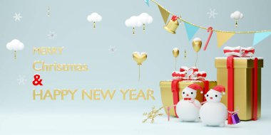 Modern sahne ve minimalist maketler için gökyüzünde hediye kutusu olan kardan adam, Noel 'i ve şenlikli yeni yılı kavrayış, 3D çizim ya da 3D çizim