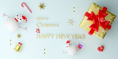 Modern sahne ve minimalist maketler için gökyüzünde hediye kutusu olan kardan adam, Noel 'i ve şenlikli yeni yılı kavrayış, 3D çizim ya da 3D çizim