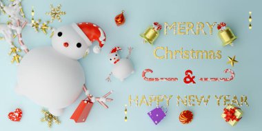 Gökyüzünde kar taneli kar adam modern sahne ve minimalist modelleme için mavi pastel kompozisyon, Noel ve Noel kavramı, 3D çizim veya 3D resim