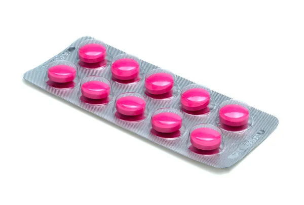 Blisterverpakking Met Roze Tabletten Pil Geïsoleerd Witte Achtergrond — Stockfoto