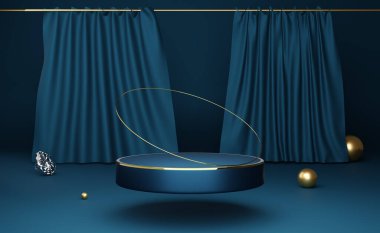 Modern sahne görüntüsü ve minimalist modelleme için geometrik şekiller içeren podyum boş, soyut gösteri arkaplanı, 3d görüntüleme veya 3d canlandırma