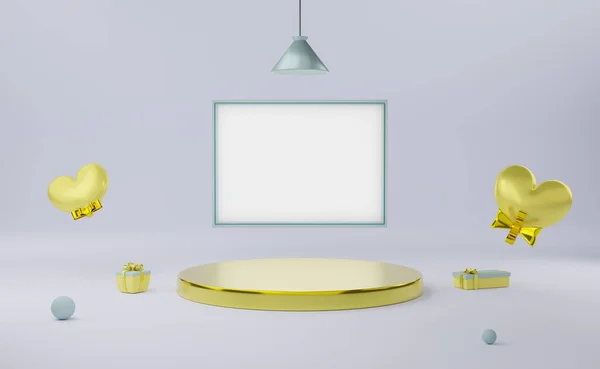 Podium Leeg Frame Met Gele Hartvormen Grijze Compositie Voor Moderne — Stockfoto