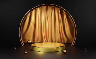 Modern sahne görüntüsü ve minimalist modelleme için siyah şekilli, geometrik şekilli altın podyum, soyut gösteri arka planı, Konsept 3d illüstrasyon veya 3d canlandırma