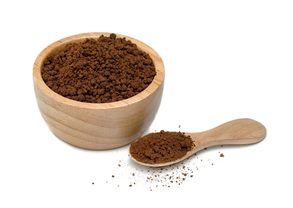 Omedelbart Kaffe Pulver Med Träsked Och Skål Isolerad Vit Bakgrund — Stockfoto