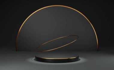 Modern sahne görüntüsü ve minimalist modelleme için geometrik şekilli siyah podyum boş, soyut gösteri arka planı, 3d görüntüleme veya 3d canlandırma