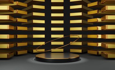 Modern sahne görüntüsü ve minimalist modelleme için geometrik şekilli siyah podyum boş, soyut gösteri arka planı, 3d görüntüleme veya 3d canlandırma