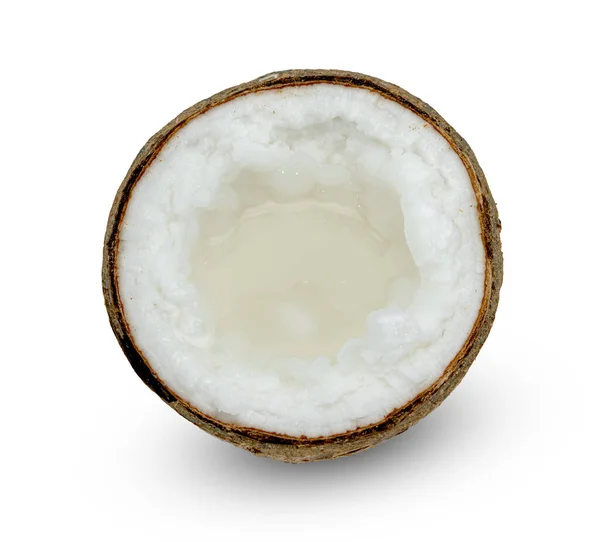 Kokosmjölk Tropiska Frukter Eller Fluffig Kokos Skuren Hälften Isolerad Vit — Stockfoto