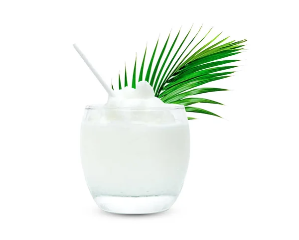 Coconut Smoothie Glass Cup Green Leaves Pattern Isolated White Background — Stock Photo, Image
