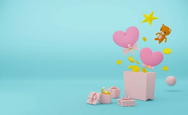 Presentask Med Hjärtformad Ballong Himmelsblå Pastell Sammansättning Alla Hjärtans Dag — Stockfoto
