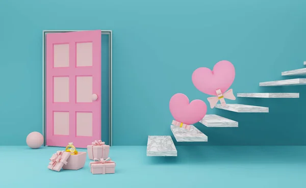 ハート型の風船とドアが付いたギフトボックススカイブルーのパステル構成 バレンタインデーのコンセプト 3Dイラストまたは3Dレンダリング — ストック写真