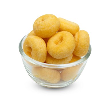 Beyaz arka planda izole edilmiş cam kaseli küçük şekerli halka çörek, kırpma yolunu da içerir