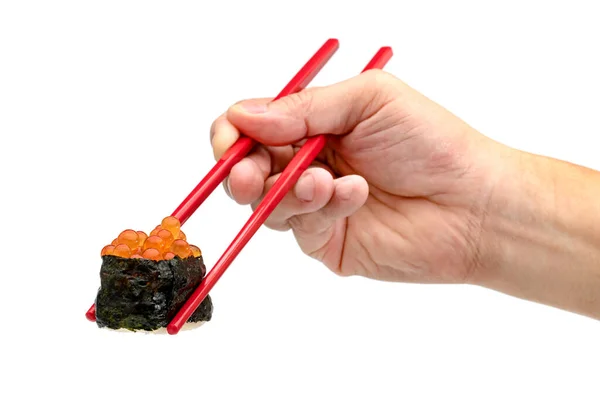 Gerolde Sushi Van Zalmkuit Nigiri Met Rode Stokjes Geïsoleerd Witte — Stockfoto