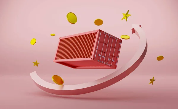 Verzendcontainer Met Gouden Munt Pijl Roze Pastel Samenstelling Transport Bedrijf — Stockfoto