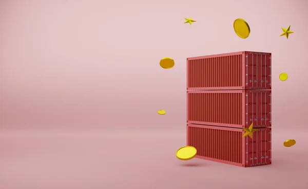 Verzendcontainer Met Gouden Munt Roze Pastel Samenstelling Transport Business Concept — Stockfoto