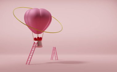 Sevgililer Günü için kırmızı kalpli sıcak hava balonu pembe pastel kompozisyon, 3D çizim veya 3D çizim.