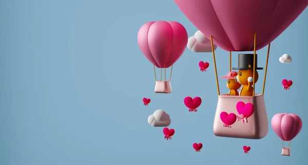 Heißluftballon Und Teddybär Mit Herzförmigem Hintergrund Zum Valentinstag Himmelblauer Pastellkomposition — Stockfoto