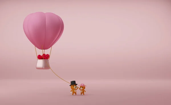 热气球和心形泰迪熊 用于情人节背景的粉色彩绘 3D插图或3D渲染 — 图库照片