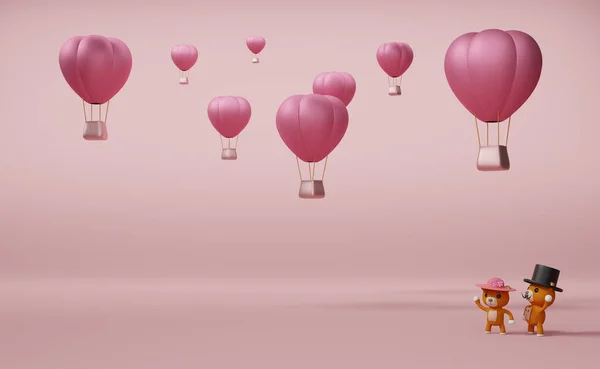 热气球和泰迪熊作为情人节背景的粉红粉笔 3D插图或3D渲染 — 图库照片